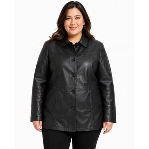 East 5th Black Womens Genuine Leather Jacket Coat XL Button Front Collared Lined